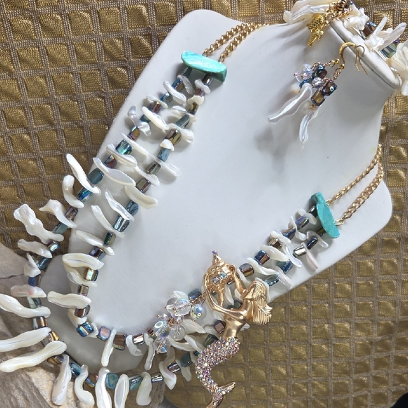 Artisan Jewelry - Handcrafted White And Blue Shell & Mermaid Necklace Earrings Bracelet Set